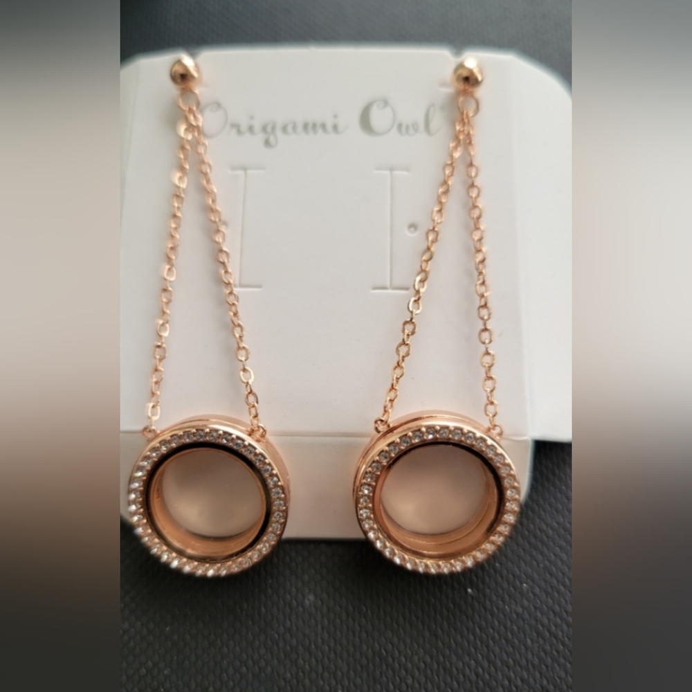 NWT Origami Owl Rose Gold Swarovski Round Living Locket Drop Earrings